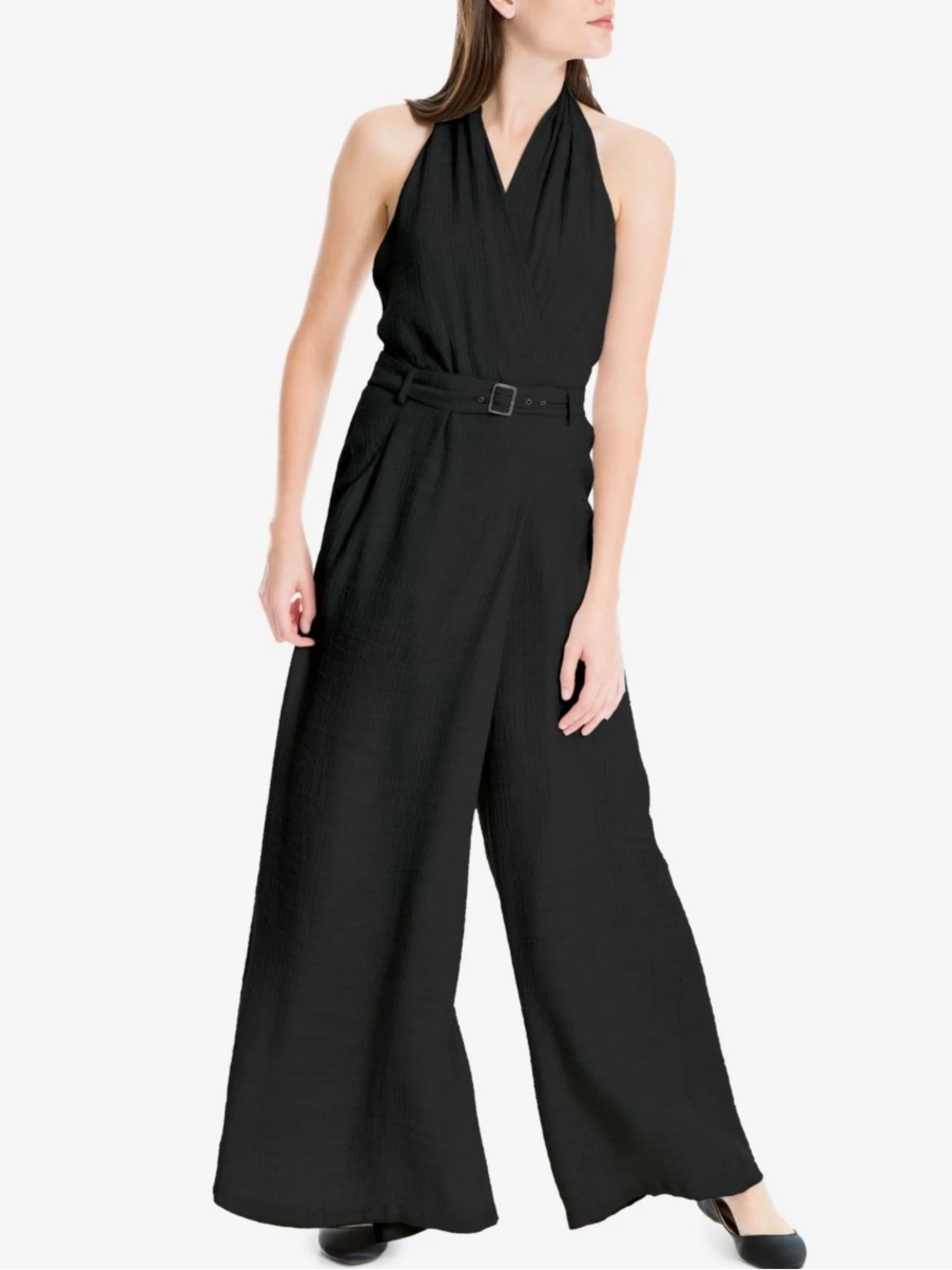NWT Max Studio London Black Halter Wide Leg Belted Jumpsuit Maxi Romper Medium
